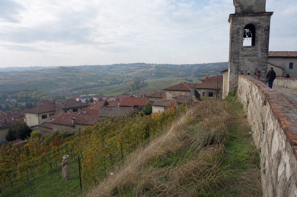 View over Saint-Emilion rooftops toward vineyards from a village viewpoint, no text, no logos, no people.