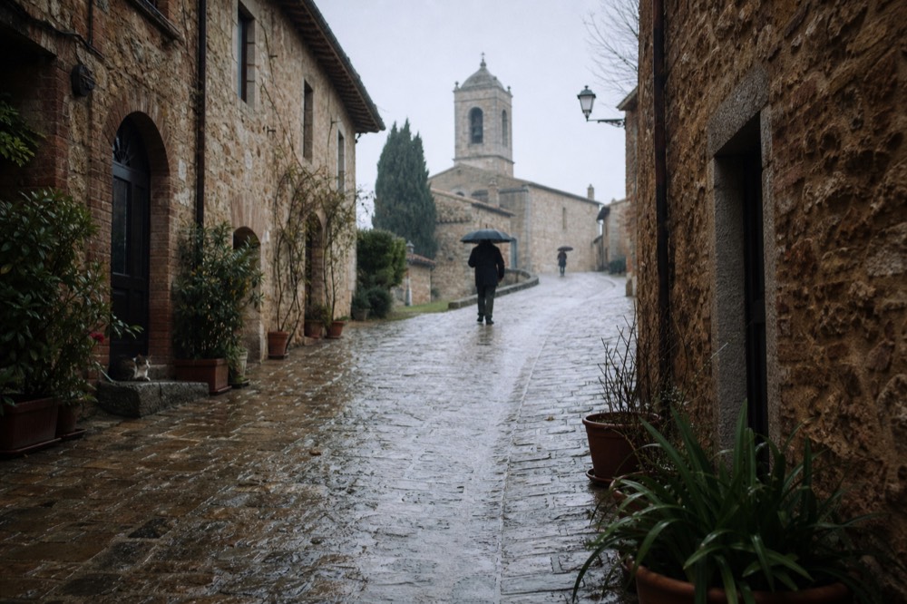 Cobbled medieval street in Saint-Emilion village rising toward the church tower, no text, no logos, no people