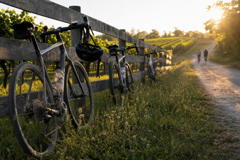 Bicycles parked beside a vineyard lane outside Saint-Emilion, no text, no logos, no people