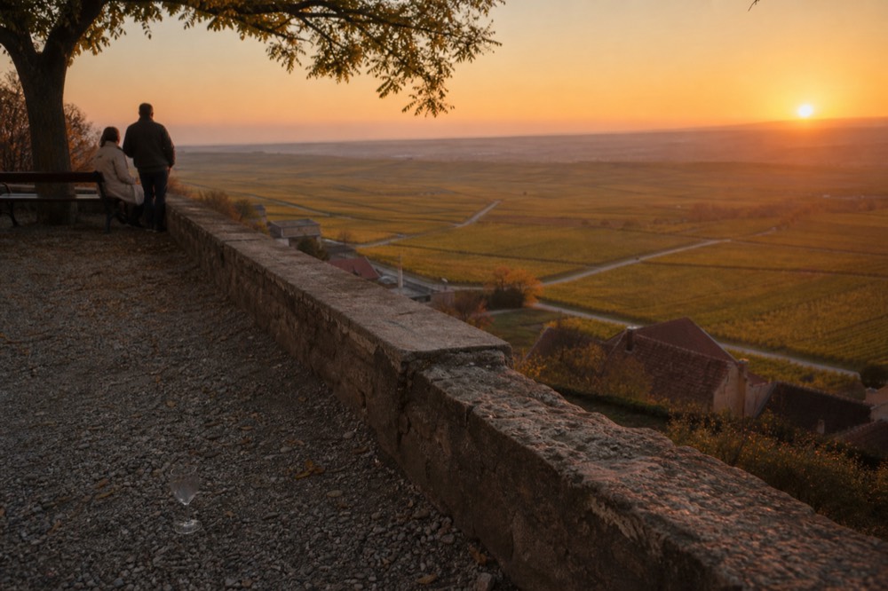 Sunset over the Saint Emilion vineyard landscape from a village viewpoint, no text, no logos, no people