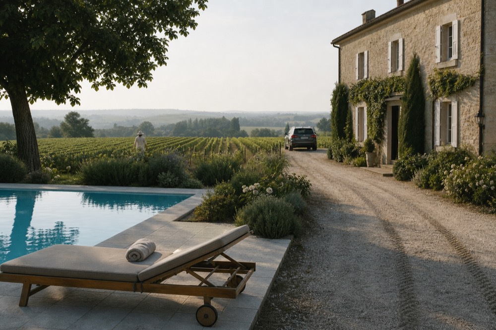 Stone chateau hotel with pool set among rows of Merlot vines outside Saint-Emilion, no text, no logos, no people