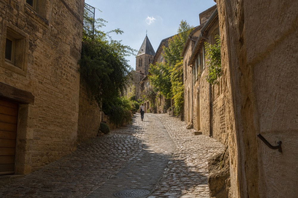 Steep cobblestone street rising toward the church tower of Saint-Emilion, no text, no logos, no people